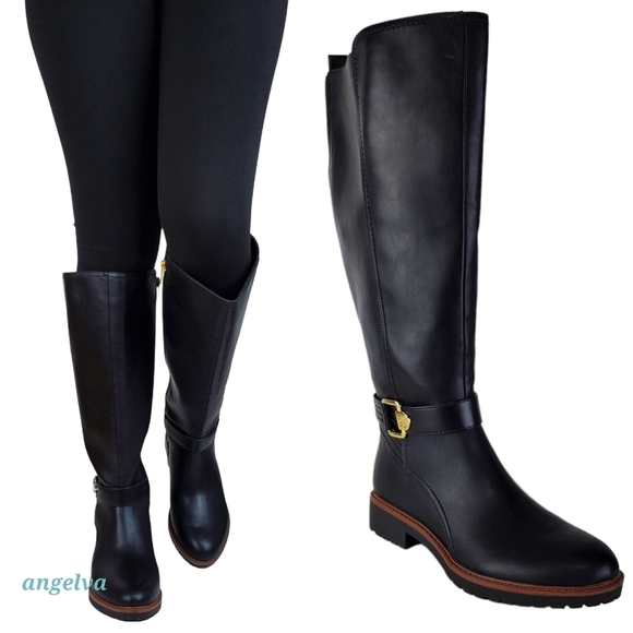 New Tommy Hilfiger frankly wide calf faux leather riding boots black gold wide - Picture 1 of 14
